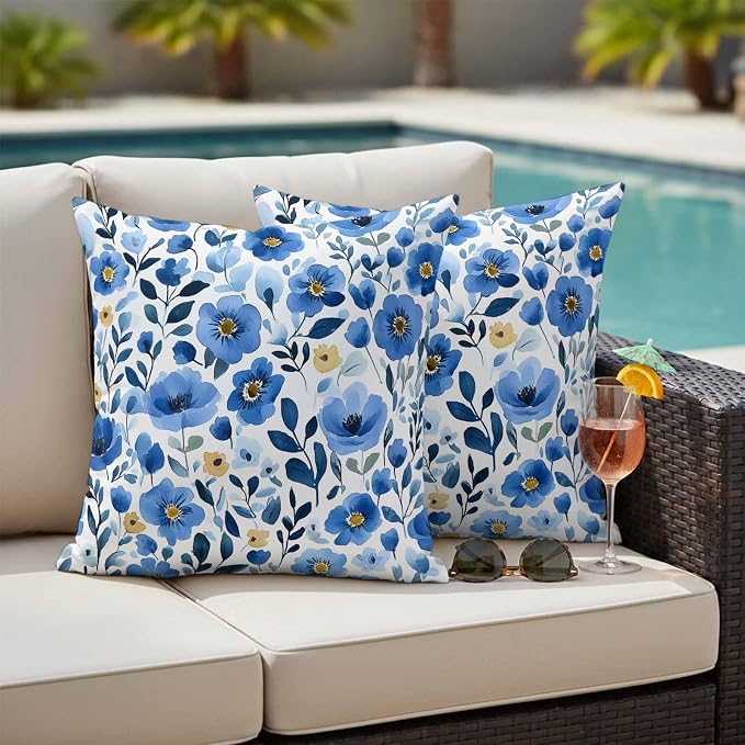 Blue Flowers Outdoor Waterproof Throw Pillow Covers Set of 2, 26"x26", Summer Watercolor Retro Floral Decorative Pillow Covers Outside Cushion Case for Patio Porch Garden