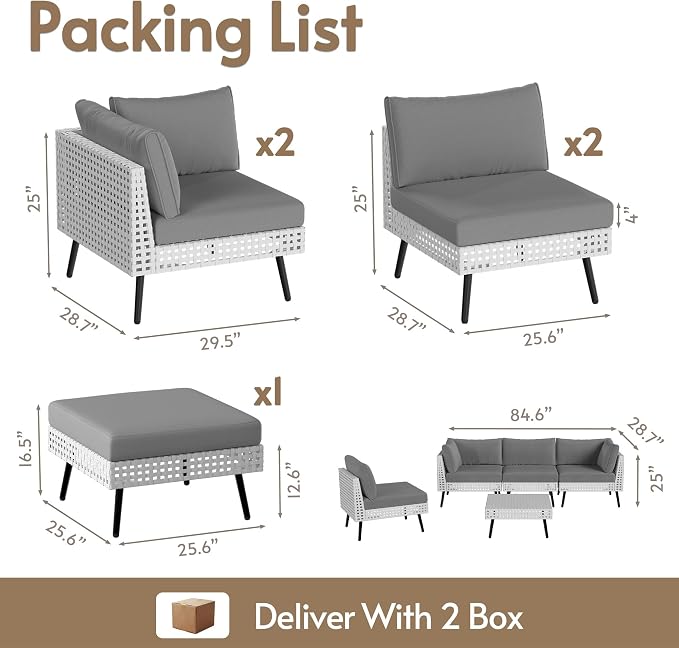 5 Piece Patio Furniture Sets, Modular Patio Sectional Conversation Sets with Upgraded Cationic Fabric Cushions & Outdoor All-Weather Handwoven Open Weave Wicker for Garden, Poolside, Backyard