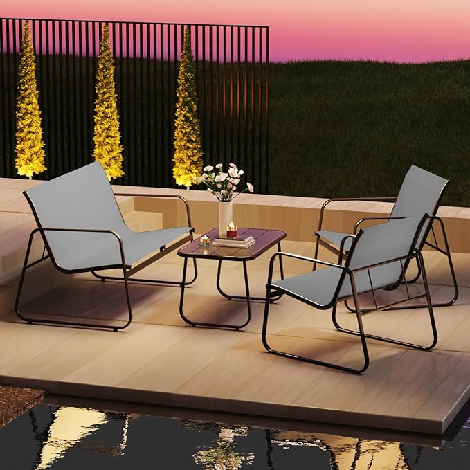 4-Piece Patio Furniture Set, Outdoor Textilene Conversation Set with Chairs & Loveseat, with Coffee Table for Garden, Balcony, Poolside, Backyard, Water-Resistant & UV-Resistant（Grey）