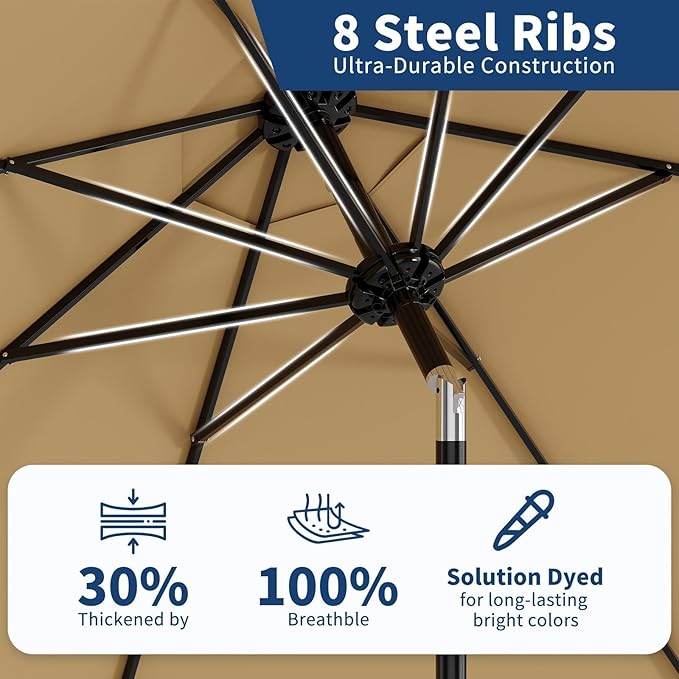 9FT Outdoor Patio Umbrella, 8 Ribs Market Table Umbrella with Tilt & Crank, UV-Resistant Waterproof for Pool, Deck, Backyard, Tan