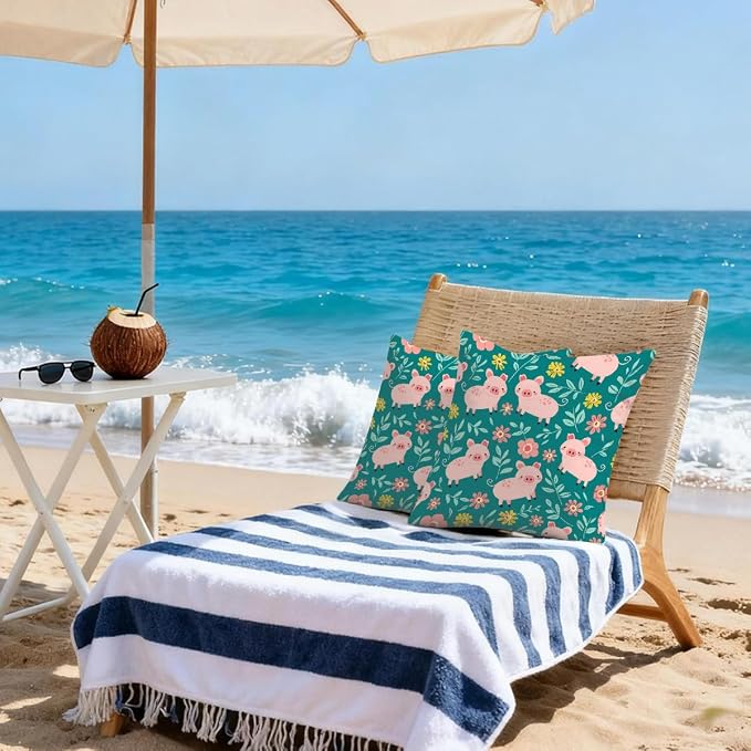 16x16 Inch Outdoor Pillow Covers Set of 2 Waterproof Throw Pillow Covers Decorative Couch Cushion Covers Pigs Green Leaves Square Pillowcases Protectors for Patio Garden Sofa