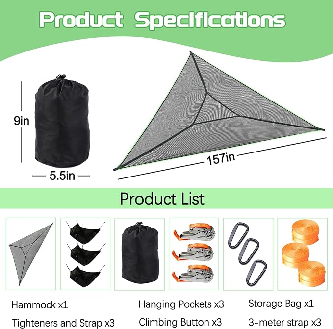 Triangle Hammock 13ft Camping Hammock for Outside Portable Outdoor Travel Multi Person Tree Hammock with 3 Ratchet Tie Down Straps & Net Pocket Max 800 lbs for 2-6 Adult Kid (157''/400cm)