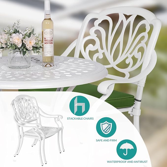MEETWARM 5 Piece Patio Dining Set, Outdoor All-Weather Cast Aluminum Dining Table Set, Patio Furniture Set, Include 4 Chairs, 4 Cushions and 1 Round Table with Umbrella Hole, White
