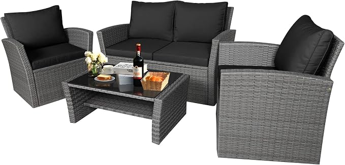 RELAX4LIFE 4 PCS Wicker Patio Furniture Set with Soft Cushions & Tempered Glass Table Outdoor Rattan Sofa Set for Backyard Garden Balcony Poolside Sectional Conversation Couch Set (Black)