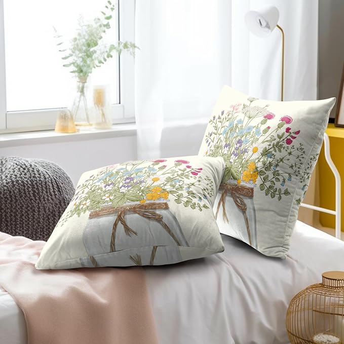 Flowers Vase Throw Pillow Cover 22x22 inch,2 Pcs Watercolor Floral Delicate Wildflowers Summer Seasonal Decorative Pillow Cases Linen Square Cushion Covers for Couch Sofa Home Decor
