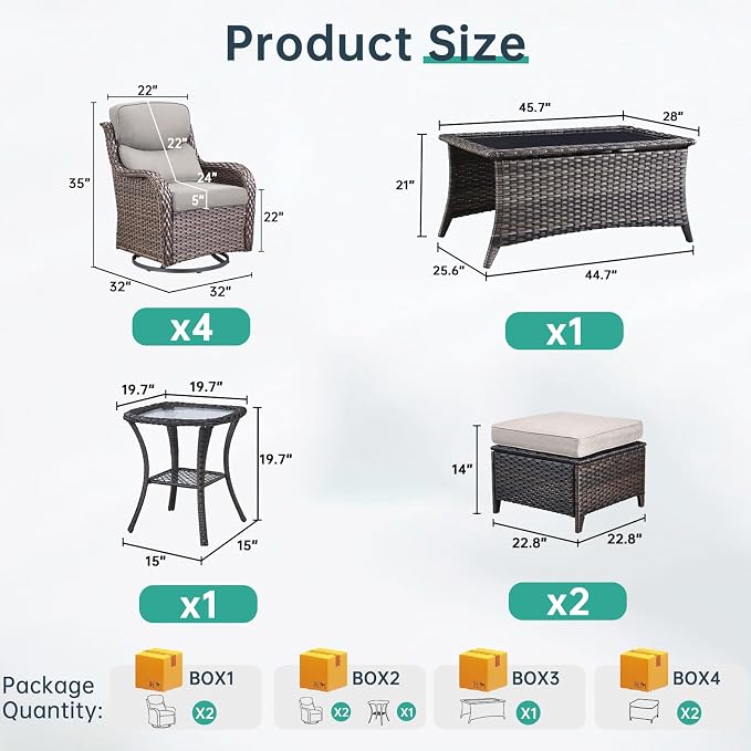 Outdoor Swivel Rocker Patio Chairs Set of 4 with Ottoman Coffee Table - 5" Thick Cushion 8 Piece Furniture Set All Weather Comfortable Wicker Conversation Set for Porch Deck - Brown/Beige