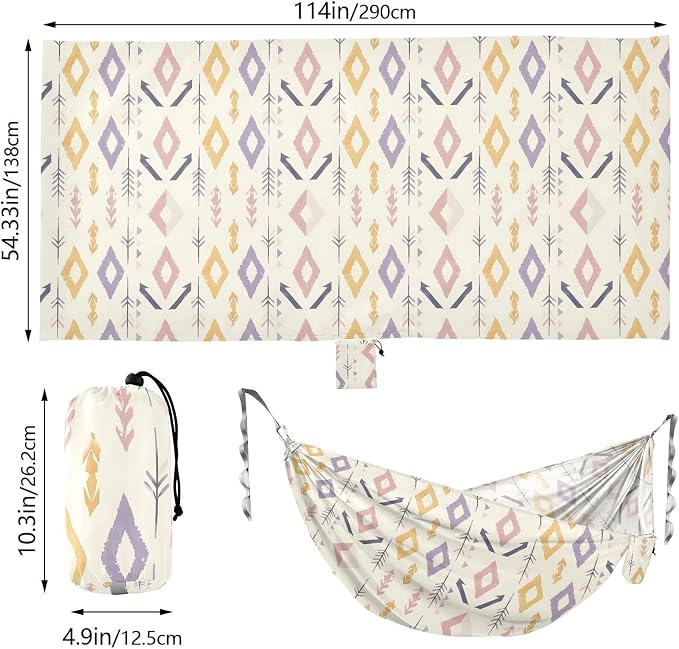 Camping Hammock Outdoor Hammocks for Outside Bohemian Geometric Beach Trees Portable Lightweight with Pockets Tree Straps Indoor