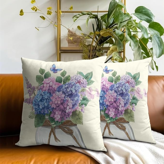 Hydrangea Flower Throw Pillow Cover Set of 2 22x22 Inch Vintage Blue Purple Floral Jar Watercolor Decorative Couch Pillow Cushion Case for Outdoor Patio Living Room Bedroom Decor