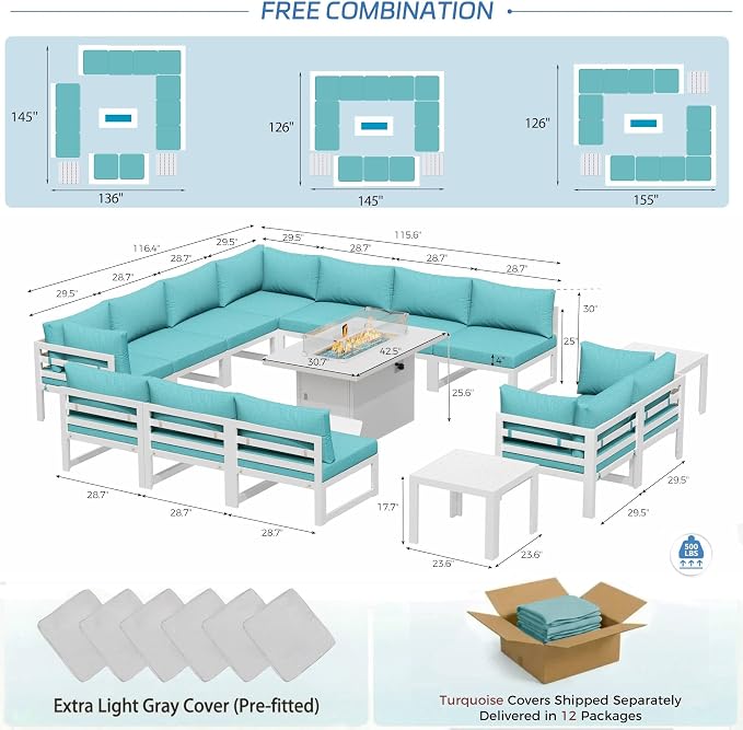 NICESOUL 12 People Large Luxury Aluminum Outdoor Sectional Sofa with Fire Pit & Side Table, L Shaped Modular Patio Furniture Set, 500 lbs Heavy Duty Conversation Couch for Poolside Lawn, Turquoise