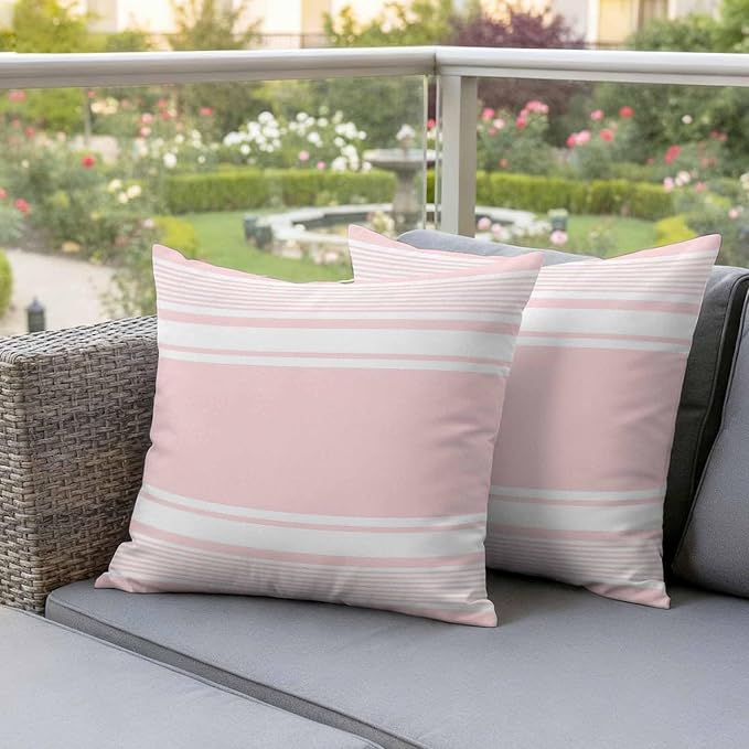 Outdoor Waterproof Throw Pillow Covers, Pink Striped Decorative Pillow Cases, Modern Color Block Farmhouse Stripes Couch Pillow Protector Patio Sofa Cushion Covers Replacement 24"x24" 2 Pack