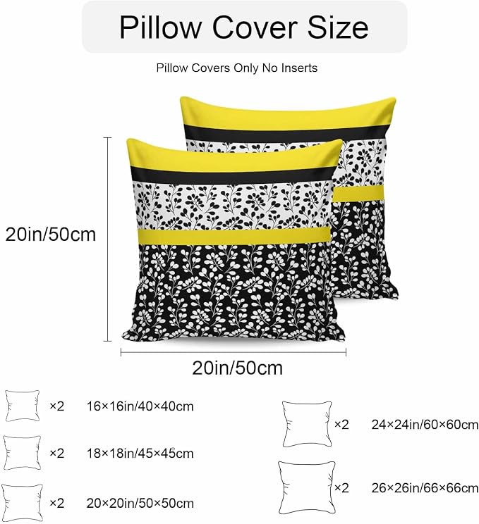 Black Yellow Outdoor Pillow Covers 16x16 Inch Throw Pillow Covers Set of 2 Waterproof Decorative Pillow Cases Garden Floral Stripe Aesthetic Flower Boho Cushion Covers for Patio Furniture Garden Couch
