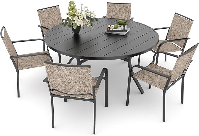 Anmutig 7 Piece Patio Dining Set 54 Inch Round Table Stackable Chairs Beige | Powder-Coated Steel Frame, Quick-Dry Textilene Mesh, Dual-Size Umbrella Hole, Weather Resistant, Patio, Garden, Backyard