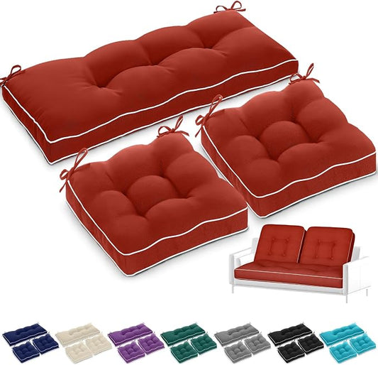 Wenqik 44 x 19 x 4 Inch Outdoor Bench Cushion Set of 3 Waterproof Tufted 1 Patio Loveseat Cushions and 2 Square Chair Seat Pad for Outdoor Furniture Couch Swing Sofa Wicker Settee(Wine Red)