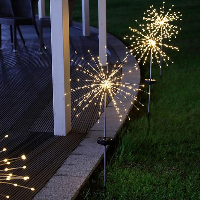 Solar Garden Firework Lights Outdoor Waterproof, 2 Pack 150 LED 8 Lighting Modes Sparklers Solar Twinkling Starburst Lights for Yard Flowerbed Pathway Fence Decorations, Warm White, Copper Wire
