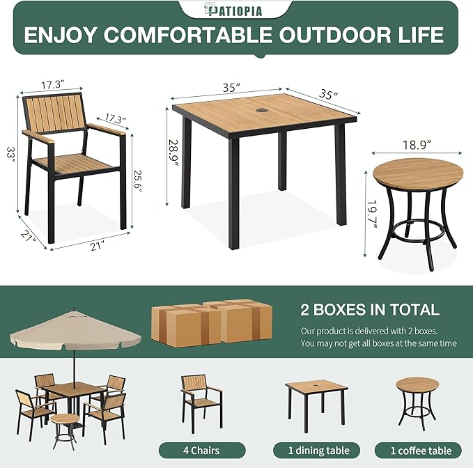 6-Piece Patio Dining Set, Outdoor Weather Resistant Plastic-Wood Table & 4 Stackable Chairs, Outdoor Durable Aluminum Frame Furniture for Garden, Poolside, Backyard (Teak, 6 PCS)