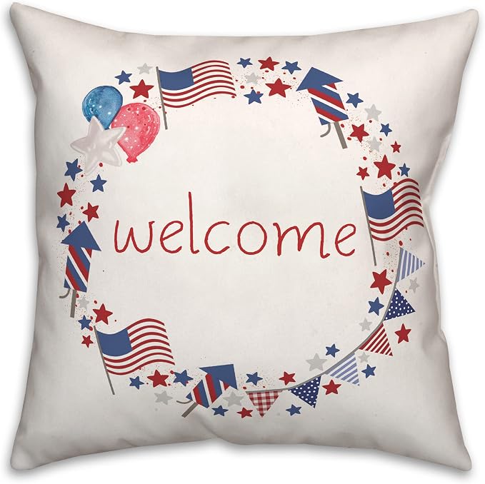 Patriotic Welcome Wreath Throw Pillow | Decorative Pillows for Living Room Couch Bed Sofa, Fluffy Soft Cushion | Red, 18x18