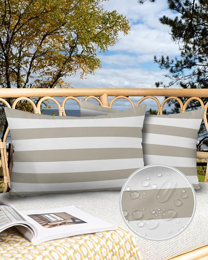 Outdoor Waterproof Pillow Covers for Patio Furniture Classical Striped Decorative Throw Pillow Cover Beige Pillowcases Set of 2 Cushion Case for Sofa Couch Chair Home Decor 20 x 12 Inches