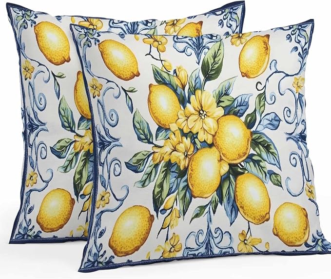 Throw Pillow Covers 26x26 Inch Set of 2, Yellow Lemon Waterproof Outdoor Cushion Covers, Middle Century Blue Italian Textured Decorative Pillowcases for Couch, Sofa, Bed, Garden, Patio