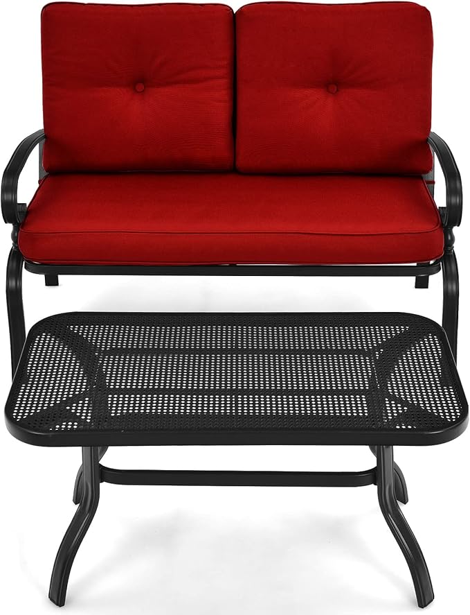 Tangkula Patio Loveseat with Table Set, 2 Seat Cushioned Sofa with Coffee Table, Patio Conversation Sofa Set with Rustproof Frame, 2 Pieces Outdoor Furniture Set for Garden, Poolside, Balcony (Red)