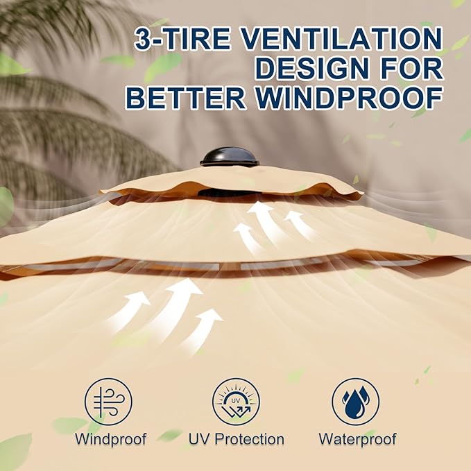 10FT 3-Tier Aluminum Outdoor Patio Umbrella, Fade-Resistant Market Umbrella with Push Button Tilt Function, 8 Sturdy All-Aluminum Ribs for Gardens, Patios, Backyards & Pools