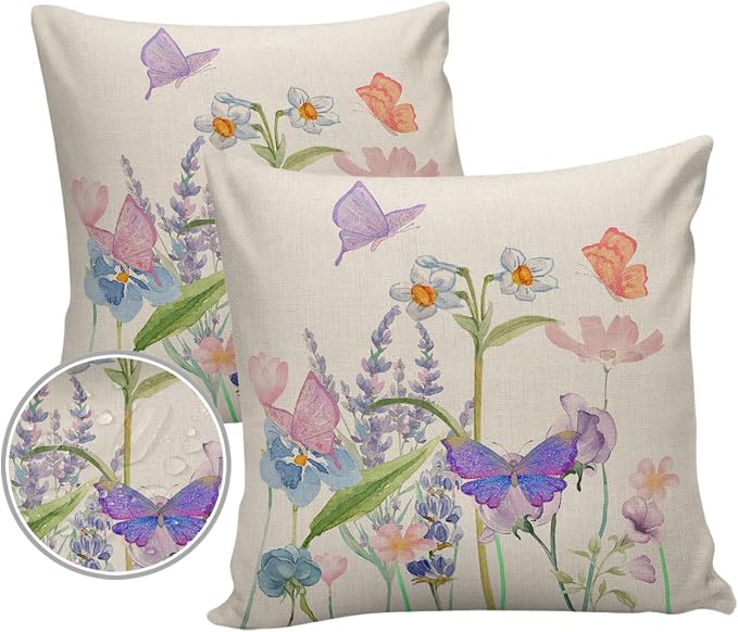 YOKOU Waterproof Throw Pillow Covers, Floral Print Butterfly Watercolor Flower Spring Summer Farm Decorative Pillowcase Soft Cushion Case for Patio Couch Tent Balcony, Set of 2 Square, 20"X20"