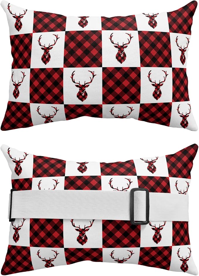 Outdoor Pillows Covers with Inserts Winter Christmas Elk Red and Black Plaid Waterproof Recliner Pillow with Adjustable Strap Throw Pillows for Patio Furniture Pool Lounge Chair, 11x16 inch, 1PCS