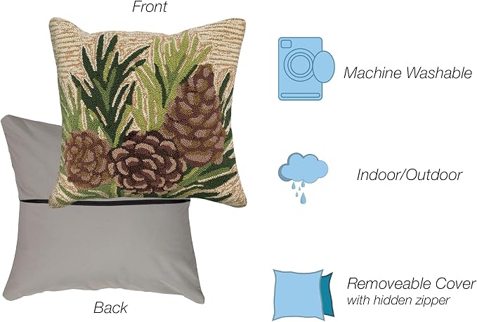 Liora Manne Lush Decor FRONTPORCH Indoor/Outdoor Handmade Pillow - Transitional Graphic Botanical Floral Accent (Pinecones Natural) (18" x 18")