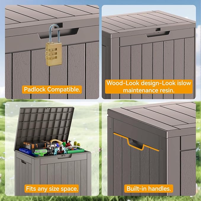 KAMABOKO Deck Box, 32 Gallon Resin Indoor and Outdoor Storage Boxes Waterproof for Garden Tools, Pool Accessories Storage Bench, Patio Furniture and Cushions with Lockable Lid, Grey