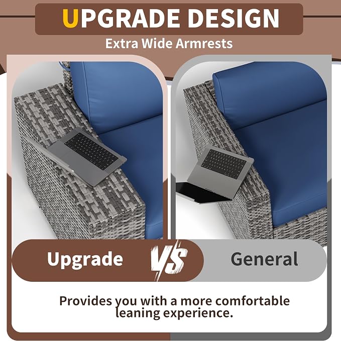 Patio Furniture with Fire Pit Table,8‘’ Wide armrest Outdoor Sectional Rattan Sofa Set, Wicker Patio Furniture Sets w/Coffee Table,Thick Cushions and Cover for Porch, Deck, 9 PC (Grey&Navy)