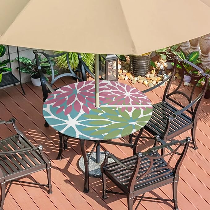 Round Tablecloth with Umbrella Hole and Zipper Elastic Fitted Table Cloth 45"-56" Oil-Proof Waterproof Patio Table Cover for Outdoor Picnic Party, Spring Summer Geometric Elegant Pink Green