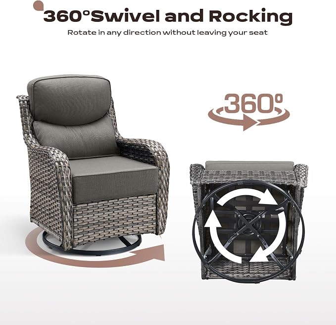 Wicker Outdoor Patio Furniture Set - 6 Piece Patio Conversation Sets with Swivel Rocker Chairs, Ottomans, Sofa and Side Table, 6 inch Cushions, Waterproof Wicker, for Porch Deck Mixed Grey/Grey