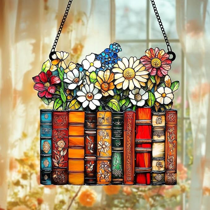 Stack of Book Acrylic Suncatcher, Bookish Suncatchers for Window Hanging Ornament, Art Garden Decor for Book Lover Reader Bookworm, Gifts for Mother's Day, Mom, Grandma, Wife, Women, Nana