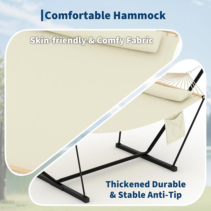 Double Hammock with Stand, 2 Person Heavy Duty Outdoor Hammock with 12FT Stand, Adjustable Steel Frame, Detachable Pillow,Carry Bag Included,450lbs Capacity, Indoor Outdoor Swing Bed– Offwhite