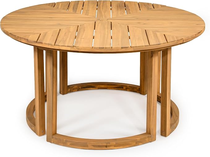 VilroCaz Acacia Wood Outdoor Dining Set for 6, All-Weather Outdoor Round Dining Table with 1.96" Umbrella Hole and 6 Armchair& Removable Cushions for Patio Backyard Pools (Light Teak-2.14)