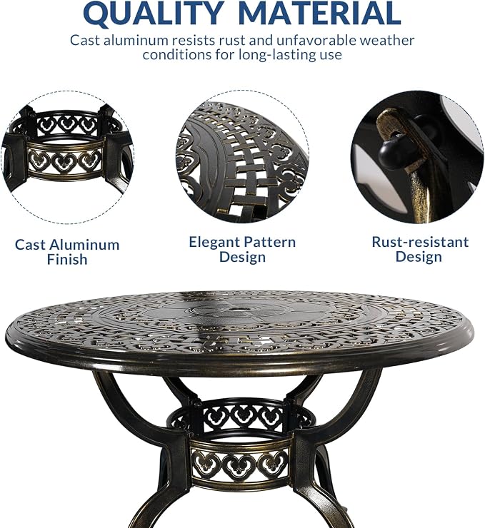 5-Piece Outdoor Patio Dining Set, All-Weather Cast Aluminum Furniture Conversation Set, Include 4 Cushioned Chairs and a 38.5” Round Table with Umbrella Hole for Balcony, Lawn, Navy Blue