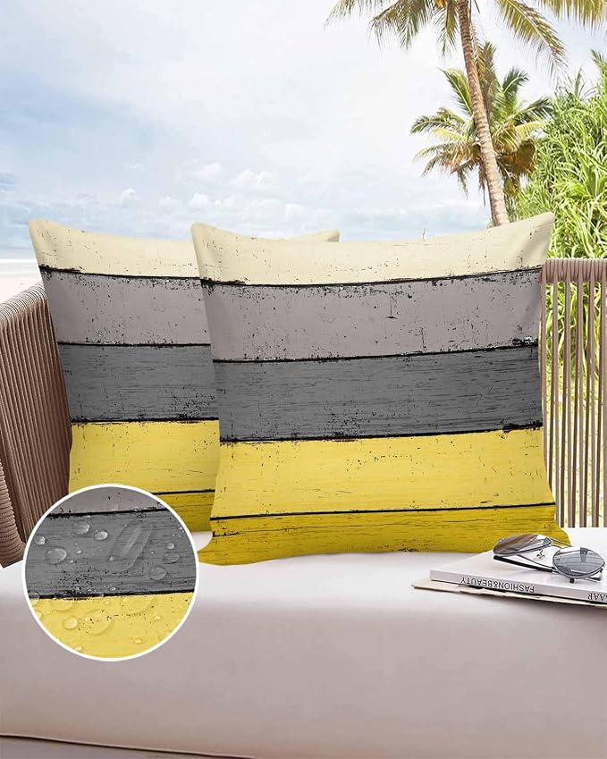 Outdoor Throw Pillow Covers 18X18 Set of 2 Waterproof Ombre Lemon Yellow and Gray Decorative Zippered Cushion Covers for Patio Furniture, Farmhouse Retro Rustic Barn Wood Texture Lumbar Pillowcases