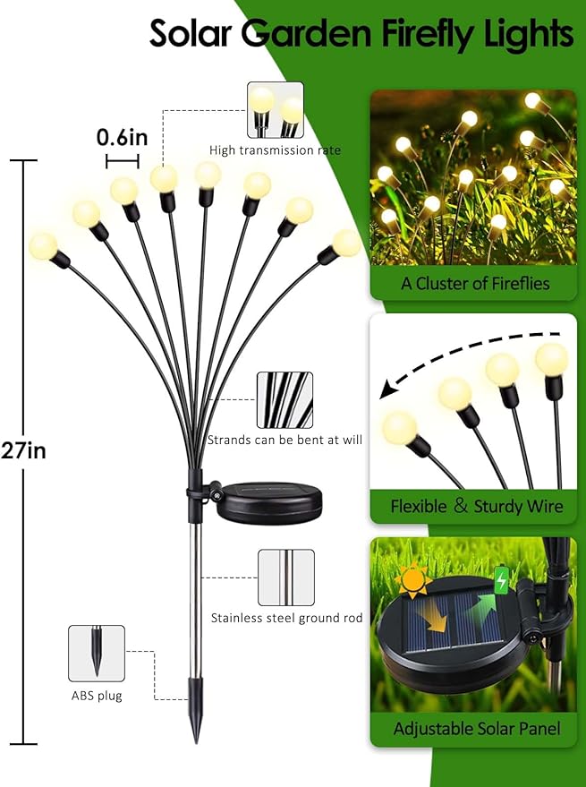 2026 Upgraded Solar Lights Outdoor, 4 Pack Solar Garden Lights with 2 Modes, Firefly Lights Outdoor Waterproof, Sway by Wind, Twinkle Firefly Light for Yard Patio Path Garden Decoration (Warm White)