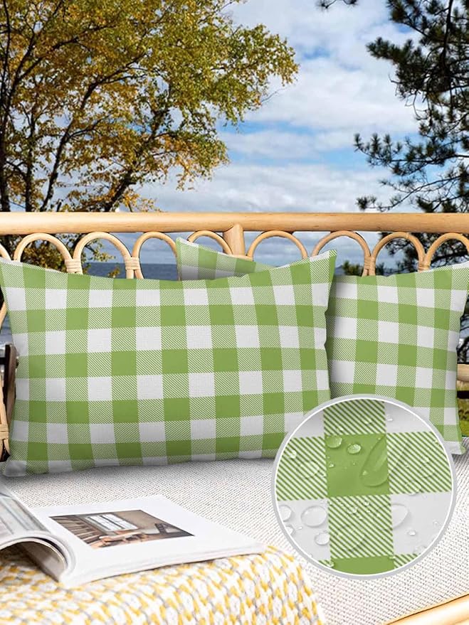 Outdoor Waterproof Throw Pillow Covers Set of 2 Sage Green Buffalo Check Plaid Lumbar Pillowcases 20x12 Inches Farmhouse Style Patio Decorative Pillows Cushion Case Patio Pillows for Couch Bed Garden