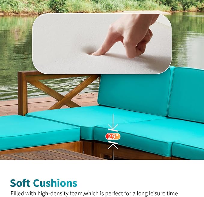 5-Piece Acacia Wood Outdoor Sofa Set Patio Bistro Set Furniture Outdoor Chat Conversation Table Chair Set with Water Resistant Cushions and Coffee Table for Beach Backyard Garden