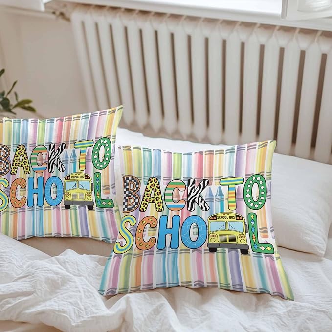 Outdoor Waterproof Throw Pillow Covers Set of 2 Back to School Pillowcases 16x16 Inches Crayon Truck School Season Decorative Pillows Cushion Case Patio Pillows for Couch Bed Chair Garden