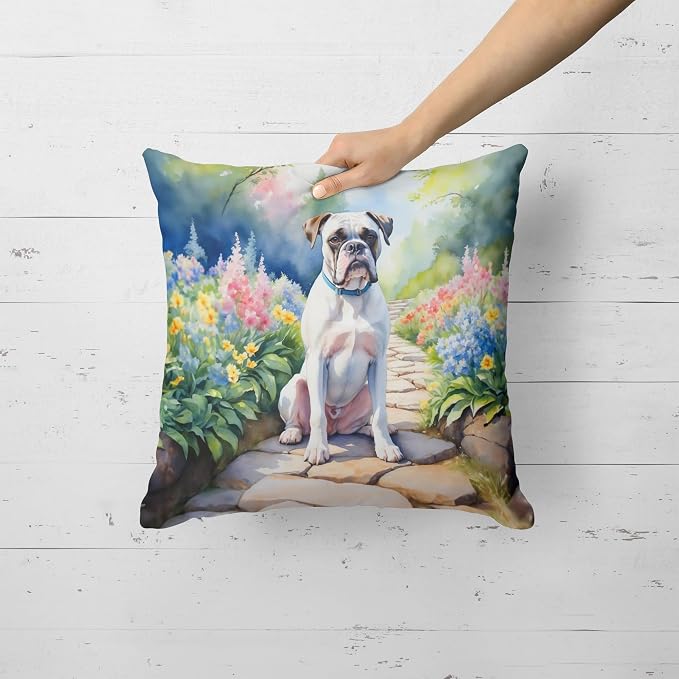 Caroline's Treasures White Boxer Spring Path Throw Pillow Machine Washable, Indoor Outdoor Decorative Pillow for Couch, Bed or Patio, 18Hx18W