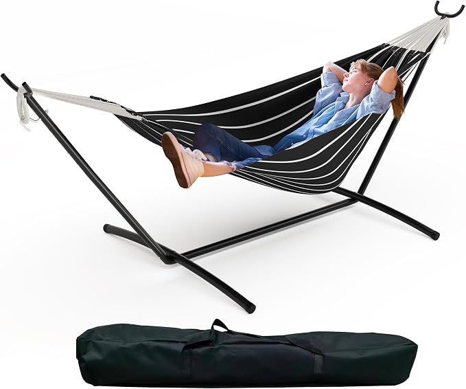 2 Person Double Hammock with Stand Foldable, 450Lbs Capacity, Double Hammocks Portable with Carrying Bag, Thick Rope, Collapsible Heavy-Duty Steel Stand for Indoor & Outdoor, Weatherproof