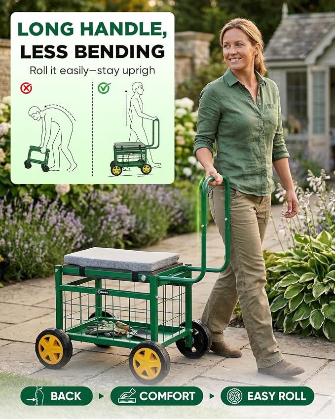 Saker Rolling Garden Cart with Seat & Wheels 15.7" EVA Padded Stool 500lb | Steel Frame,Large Storage Basket, Luxury Version, for Patio, Lawn, Yard – Mobile Workseat with Tool Carrier(Luxury Version)