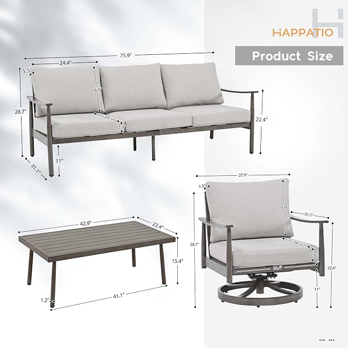 HAPPATIO Patio Outdoor Furniture Set - 4 Piece Aluminum Patio Conversation Set with 1 Coffee Table, 2 Swivel Chairs and 1 Three-Seater Sofa, Aluminum Outdoor Furniture Set for Backyard Poolside (Grey)