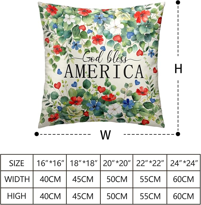 4th of July Throw Pillow Covers God Bless America Pillow Cases Red White Blue Flower Patriotic Pillow Covers 16x16 Set of 2 Memorial Day Cushion Cases for Home Porch Patio Garden