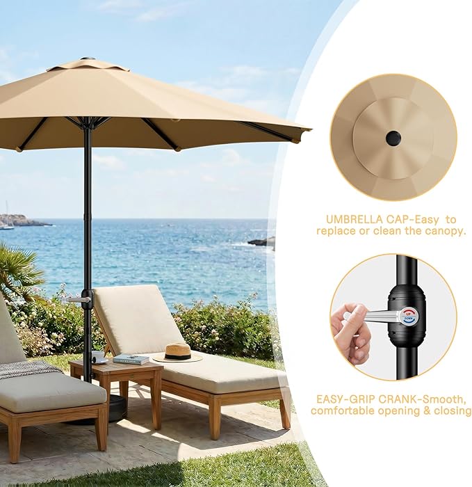 LEVELEVE 9FT Outdoor Patio Umbrella with Easy Crank - UV Resistant & Waterproof Market Umbrella with Ventilated Canopy, 8 Sturdy Ribs & Powder-Coated Frame for Garden, Deck, Backyard, Pool, Patio Table