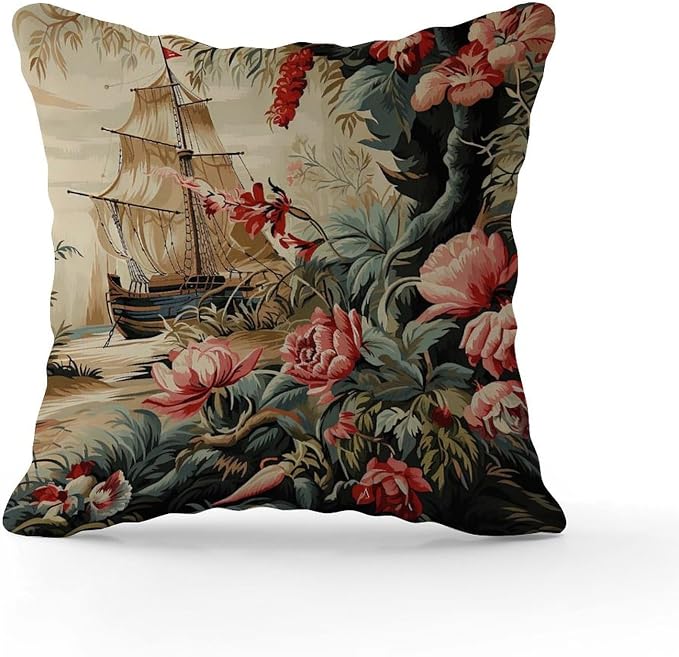 Moore Manor Antique Chinoiserie Pillowcase Vintage Boats and Flowers Throw Pillow Cover Classic Outdoor Garden Decoration for Patio Garden Couch Tent 18x18 in