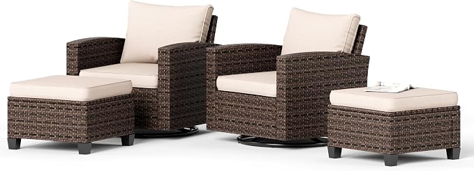 HERA'S HOUSE Patio Wicker Chairs Outdoor Swivel Rocker Chairs Set with Ottomans, 4 Piece Outdoor Seating Furniture Conversation Sets for Lawn Deck Porch Pool, Brown/Beige