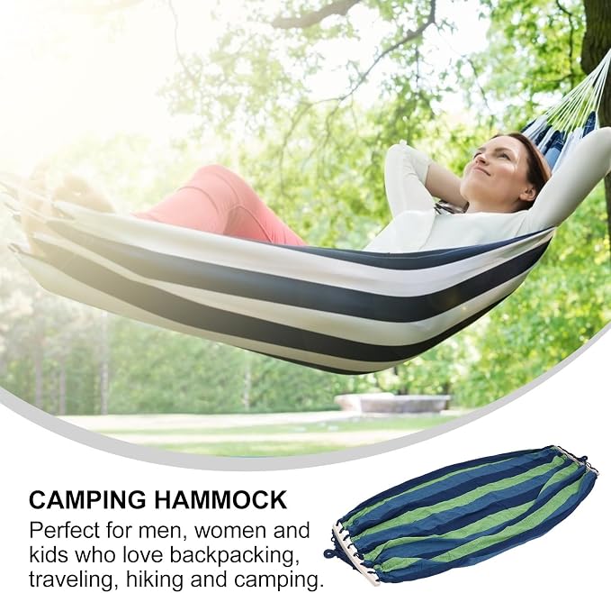 VANZACK Outdoor Travel Hammock Extra Wide Blue Striped Canvas Hammock 190x100cm Portable Camping Hiking Swing for Garden Patio Backyard Use