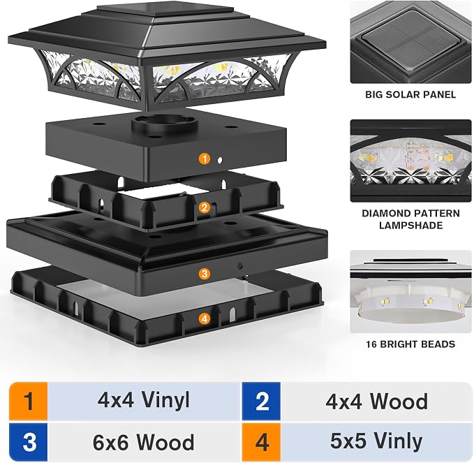 APONUO Solar Post Cap Lights 16 Pack - 4x4 5x5 6x6 Fence Post Lights, Auto On/Off, Waterproof IP64, 2-Mode (Warm/Cool White), Deck Patio Yard Solar Light for Wood & Vinyl Posts, Black